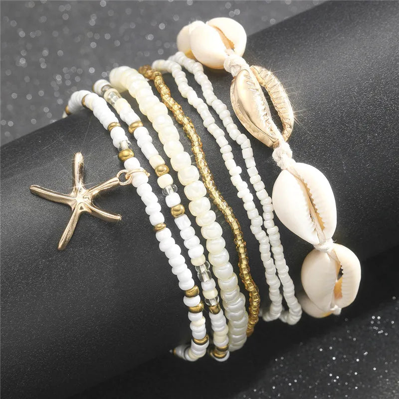 Starfish Beads Pearl Chain Anklet Set