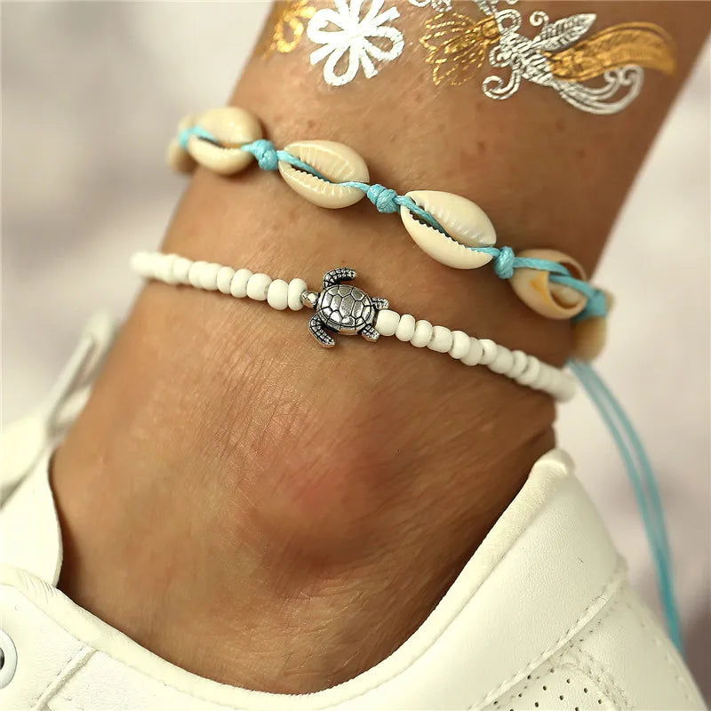 Starfish Beads Pearl Chain Anklet Set