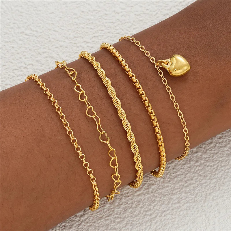 Gold Color Heart Bracelet Set 5 Pcs