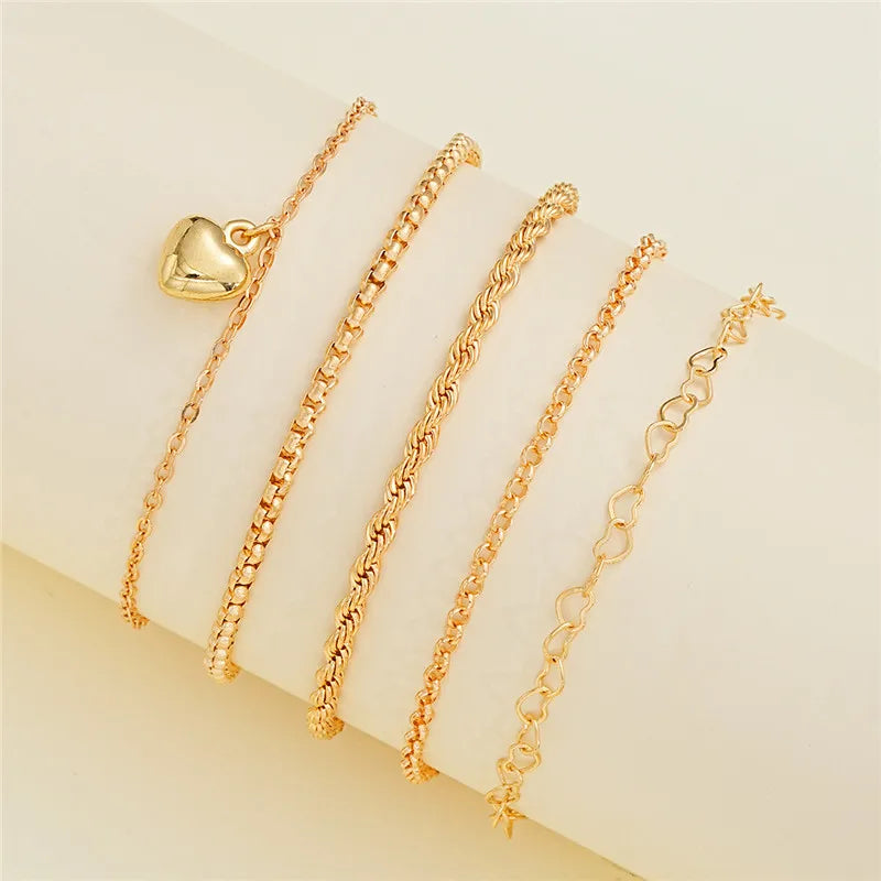 Gold Color Heart Bracelet Set 5 Pcs