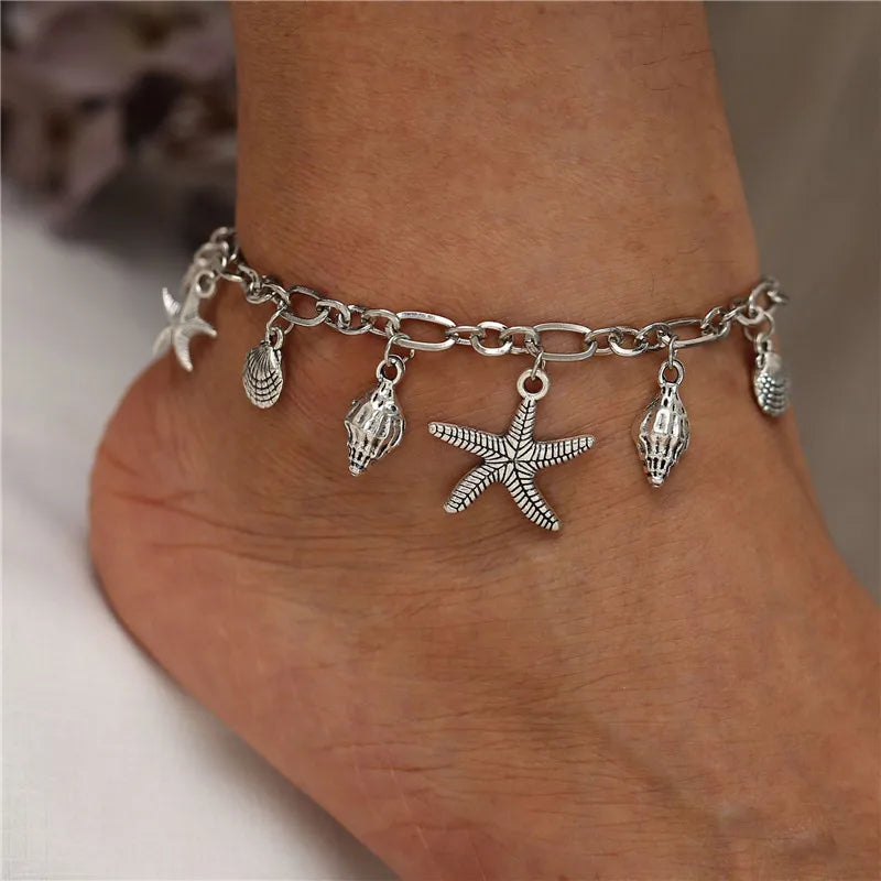 Starfish Beads Pearl Chain Anklet Set