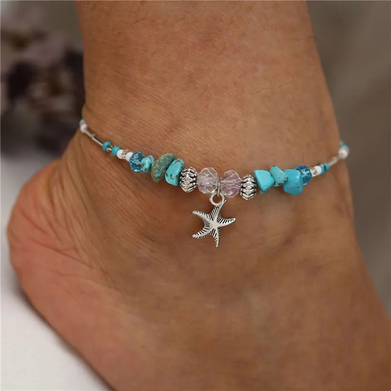 Starfish Beads Pearl Chain Anklet Set