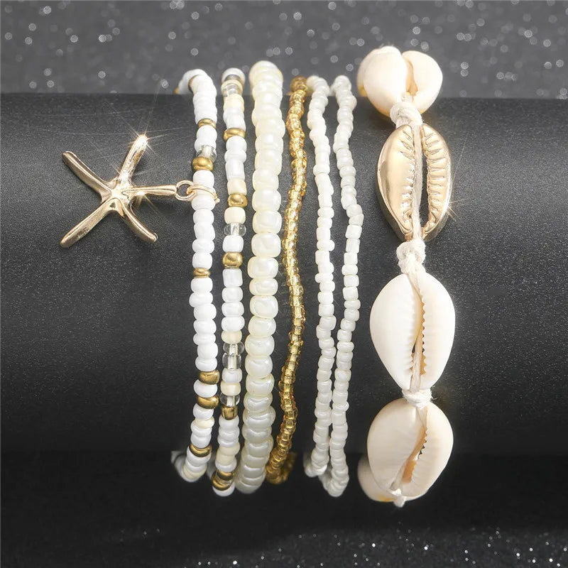 Starfish Beads Pearl Chain Anklet Set