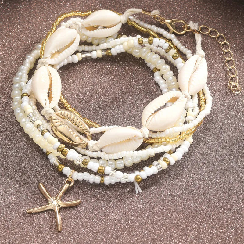 Starfish Beads Pearl Chain Anklet Set