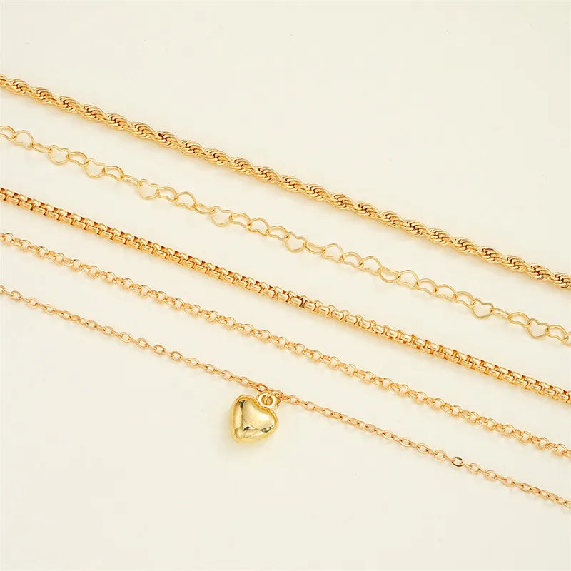 Gold Color Heart Bracelet Set 5 Pcs