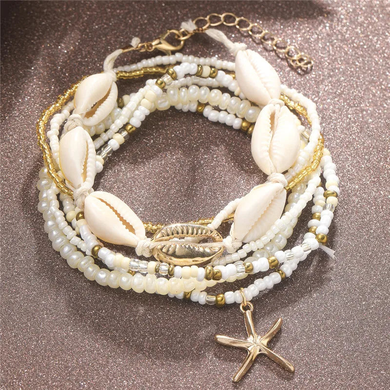 Starfish Beads Pearl Chain Anklet Set