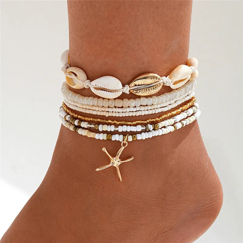 Starfish Beads Pearl Chain Anklet Set