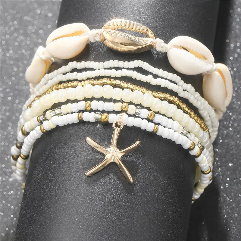 Starfish Beads Pearl Chain Anklet Set