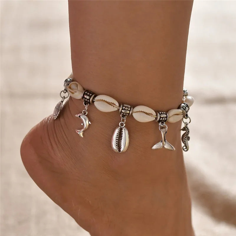 Starfish Beads Pearl Chain Anklet Set