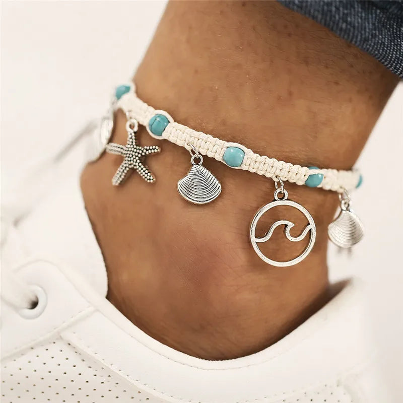 Starfish Beads Pearl Chain Anklet Set