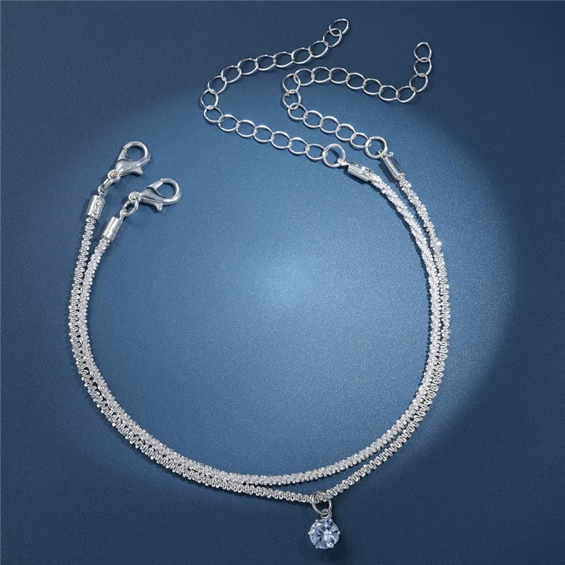 Shiny Sparkling Silver Color Anklet 2PCS