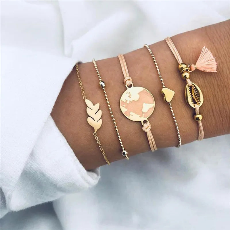 Gold Color Heart Bracelet Set 5 Pcs