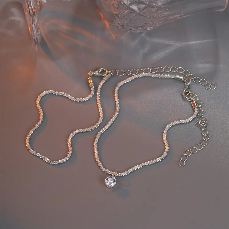 Shiny Sparkling Silver Color Anklet 2PCS