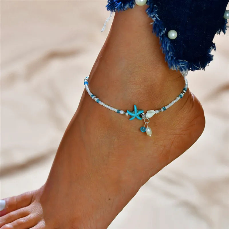 Starfish Beads Pearl Chain Anklet Set