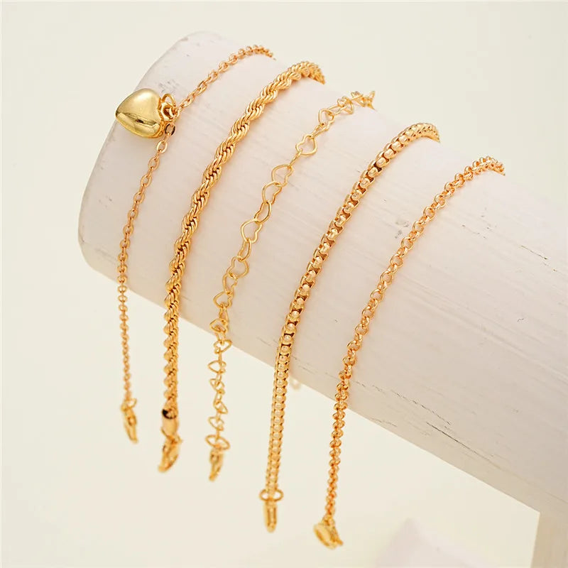 Gold Color Heart Bracelet Set 5 Pcs