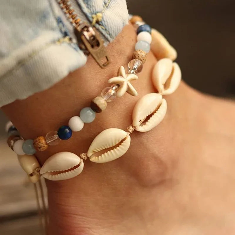 Starfish Beads Pearl Chain Anklet Set