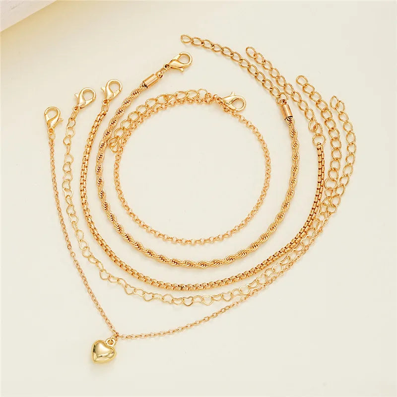 Gold Color Heart Bracelet Set 5 Pcs