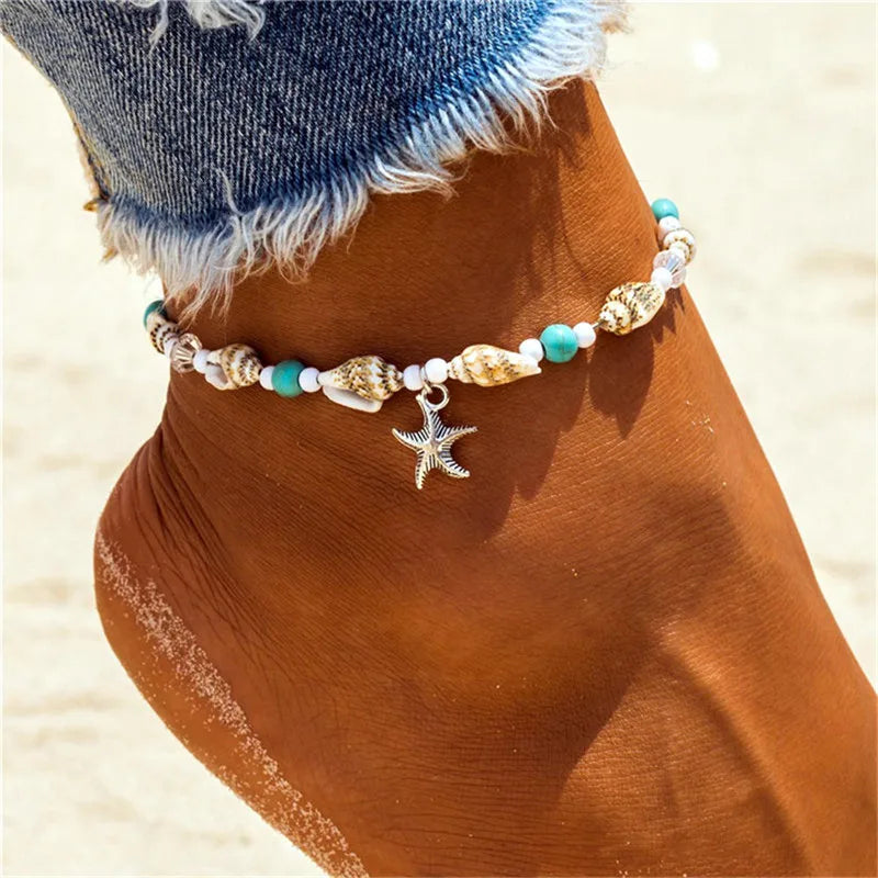 Starfish Beads Pearl Chain Anklet Set