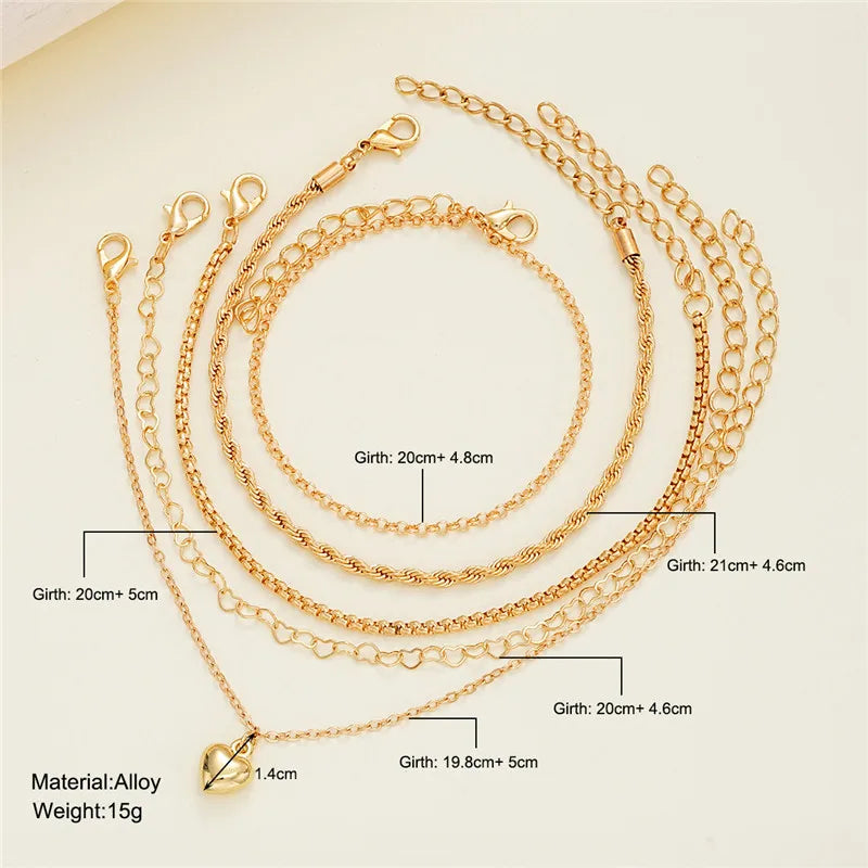 Gold Color Heart Bracelet Set 5 Pcs