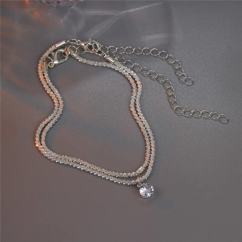 Shiny Sparkling Silver Color Anklet 2PCS