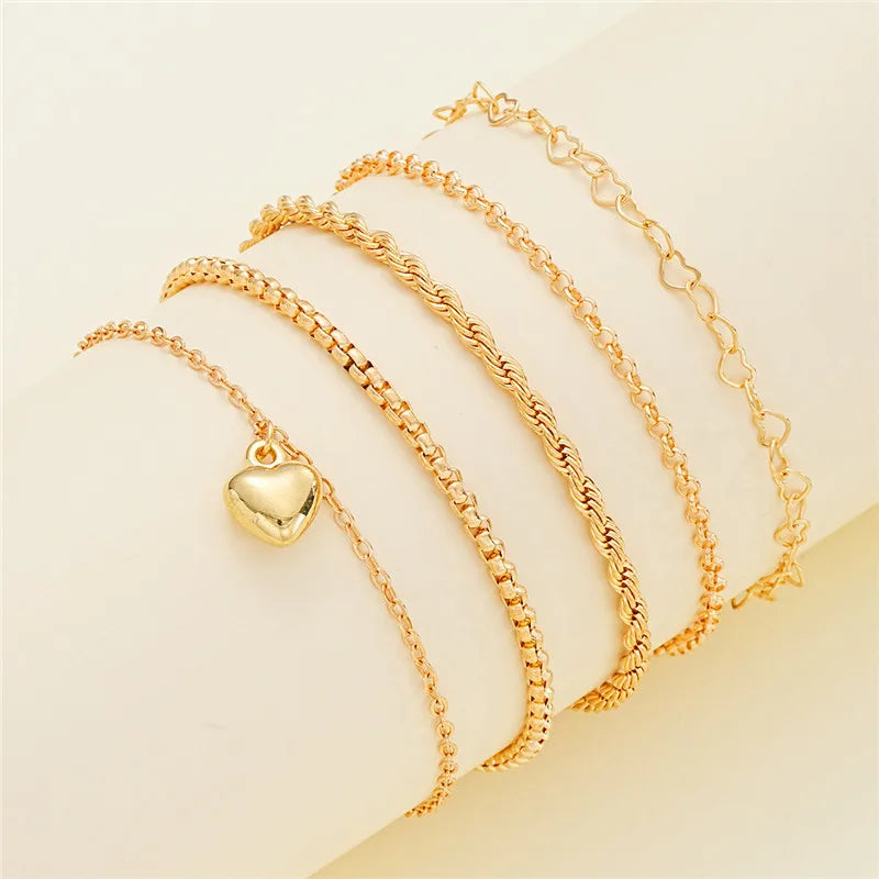 Gold Color Heart Bracelet Set 5 Pcs