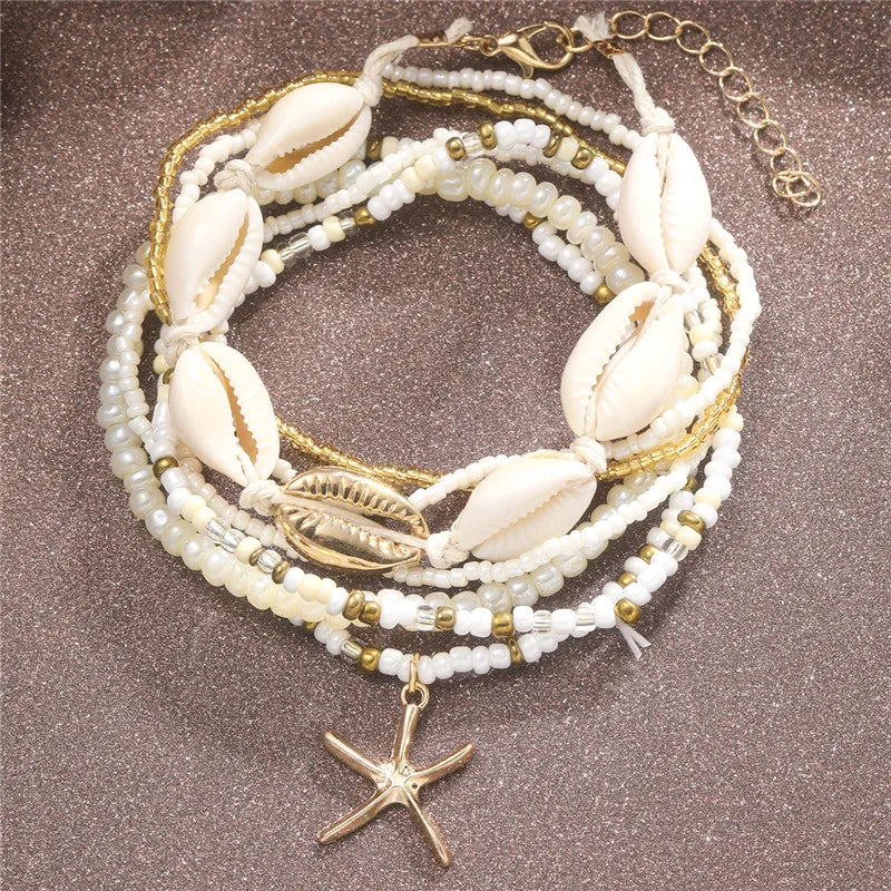 Starfish Beads Pearl Chain Anklet Set