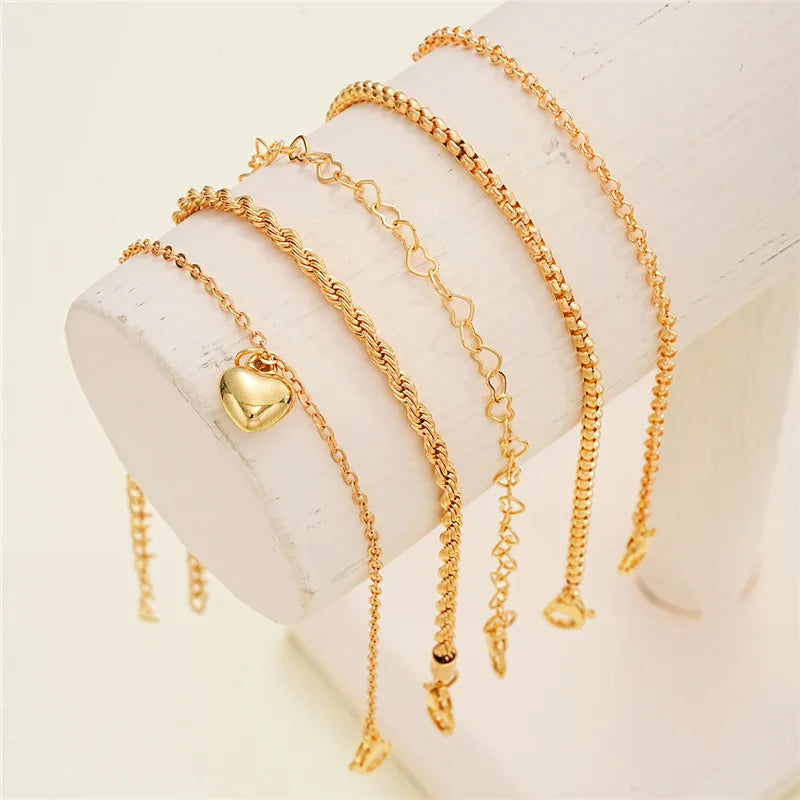 Gold Color Heart Bracelet Set 5 Pcs